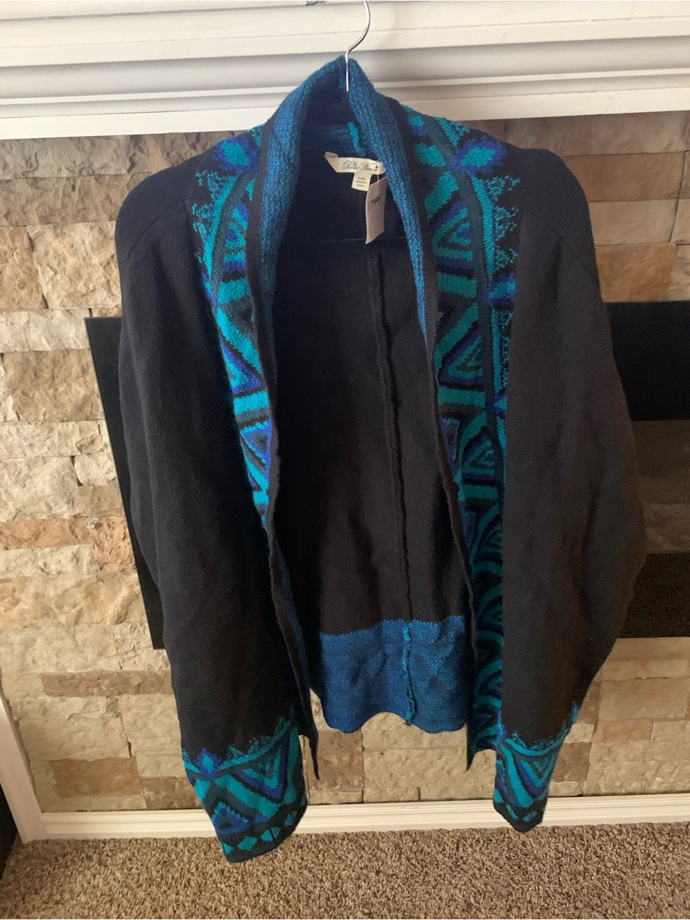 Pioneer Woman Black Cardigan Sweater with Teal & Blue Geometric Trim Poncho Boho